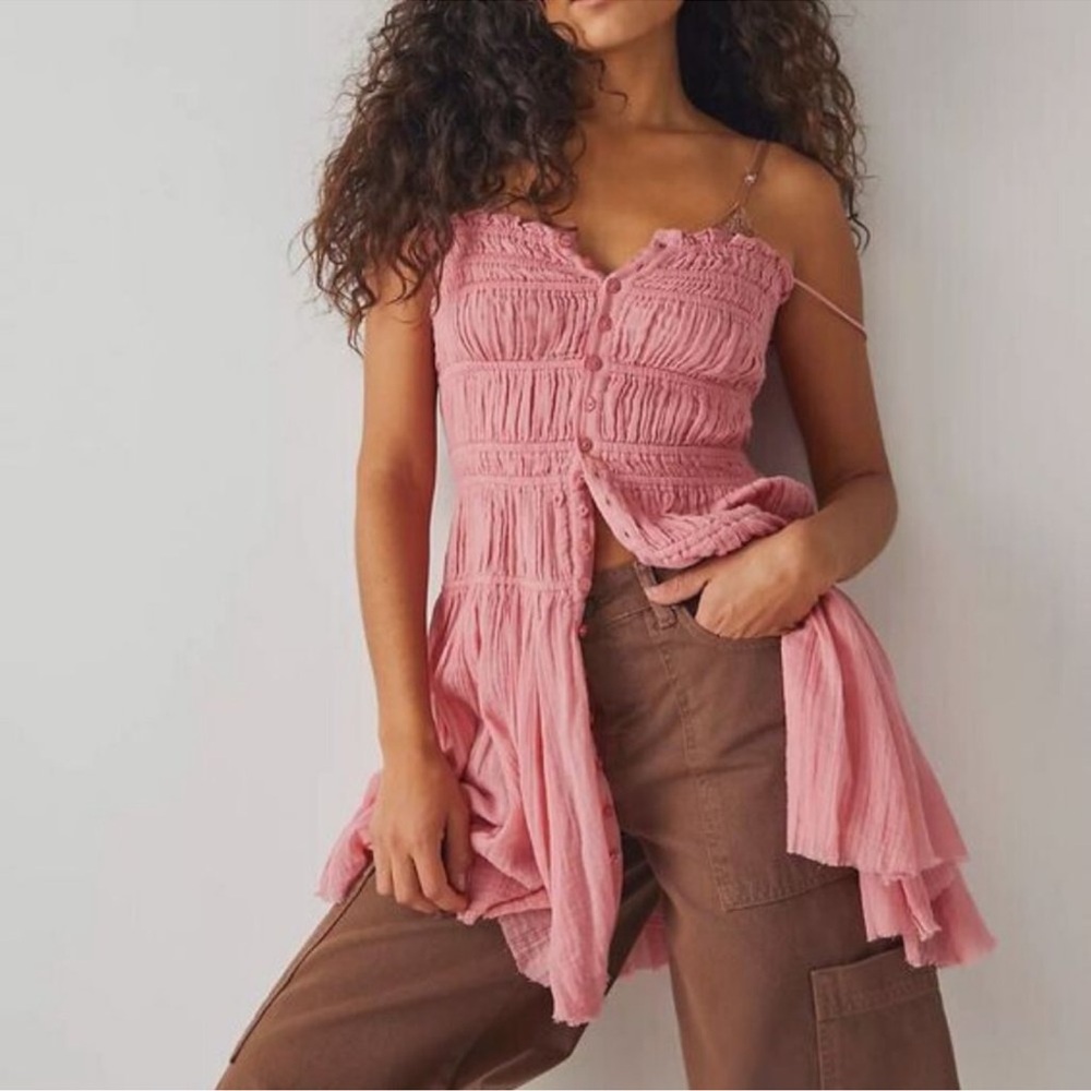 Free People Lausanne Pink Smocked Mini Slip Dress NWOT